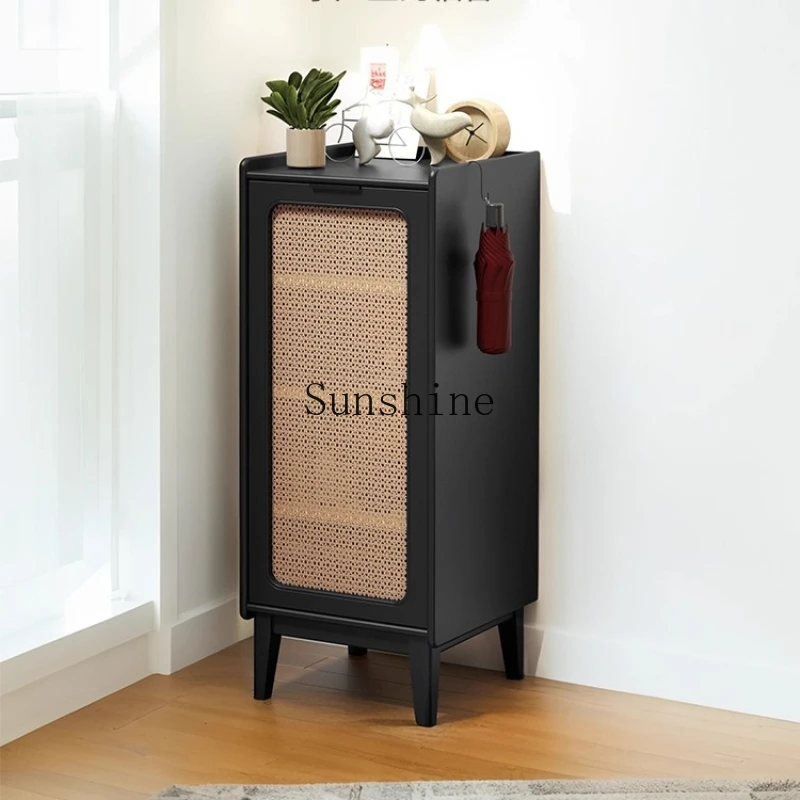 

Pure solid wood single door classical black rattan shoe cabinet home rack home entrance corridor against the wall