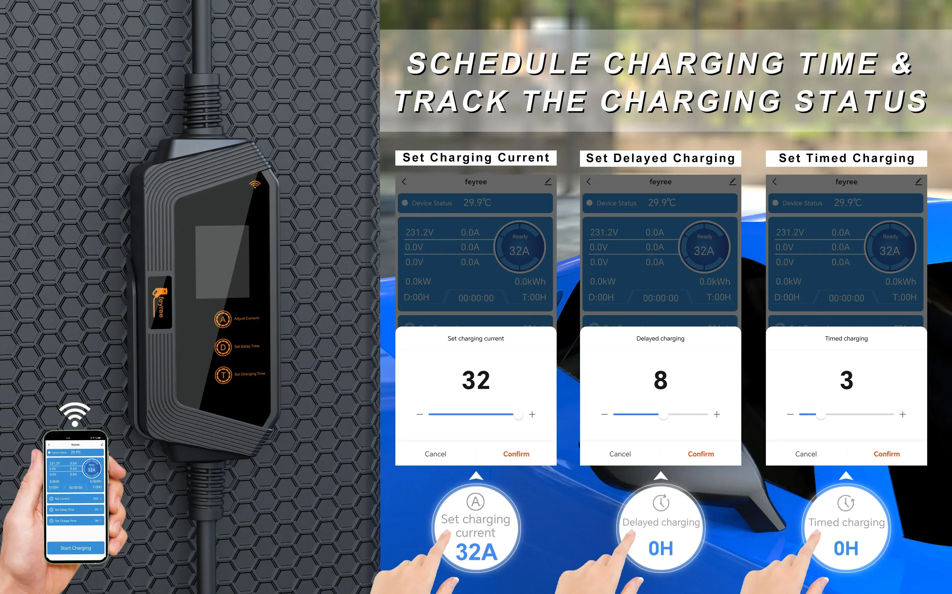 feyree Portable EV charger Type2 32A 7KW Fast Charging for Electric Vehicle APP Wi-Fi Control by Setting Current & Charging time