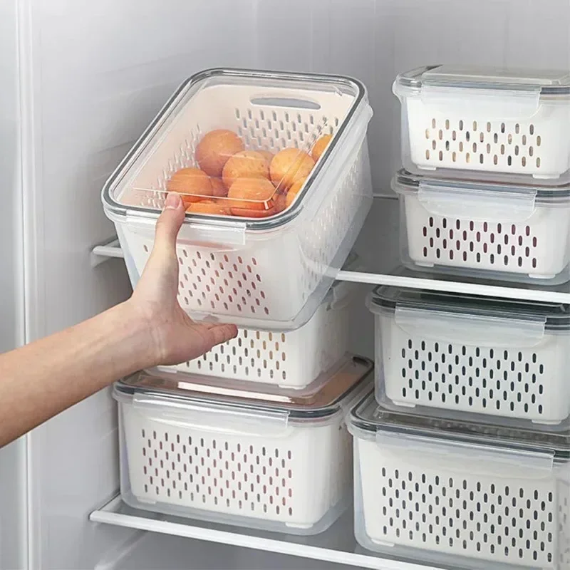 

Refrigerator Storage Box Fridge Organizer Fresh Vegetable Fruit Boxes Drain Basket Storage Containers Pantry Kitchen Organizer