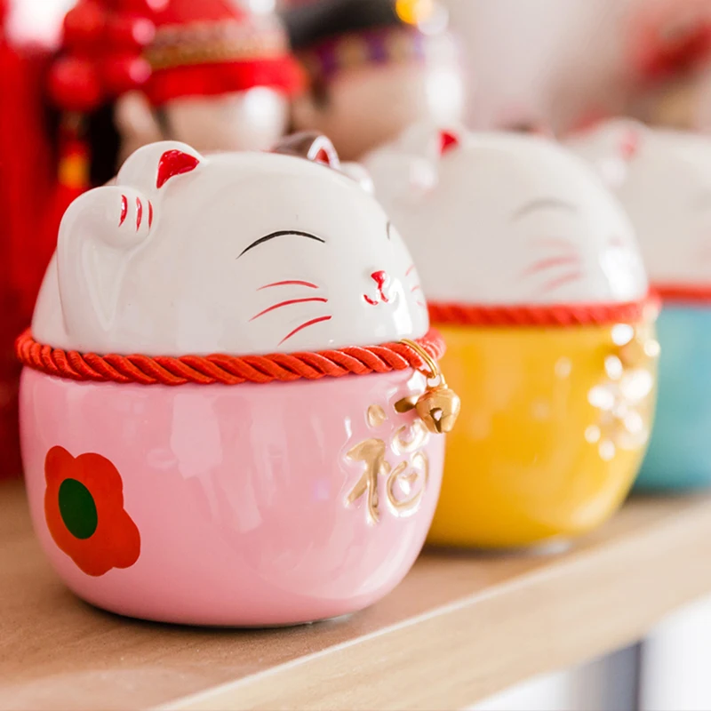 Ceramic Cat Money Storage Piggy Bank Chinese Traditional Ornaments Home Deskstop Decoration Candy Storage Box 4 colors