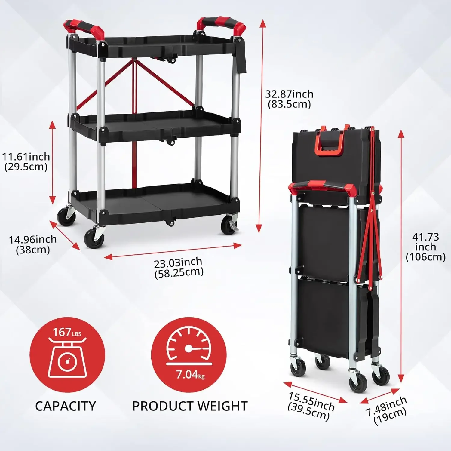 3-Tier Rolling Tool Cart w/Lockable Wheels, Foldable Utility Service Cart, 165LBS Heavy Duty Plastic Rolling Cart, Portable Fold