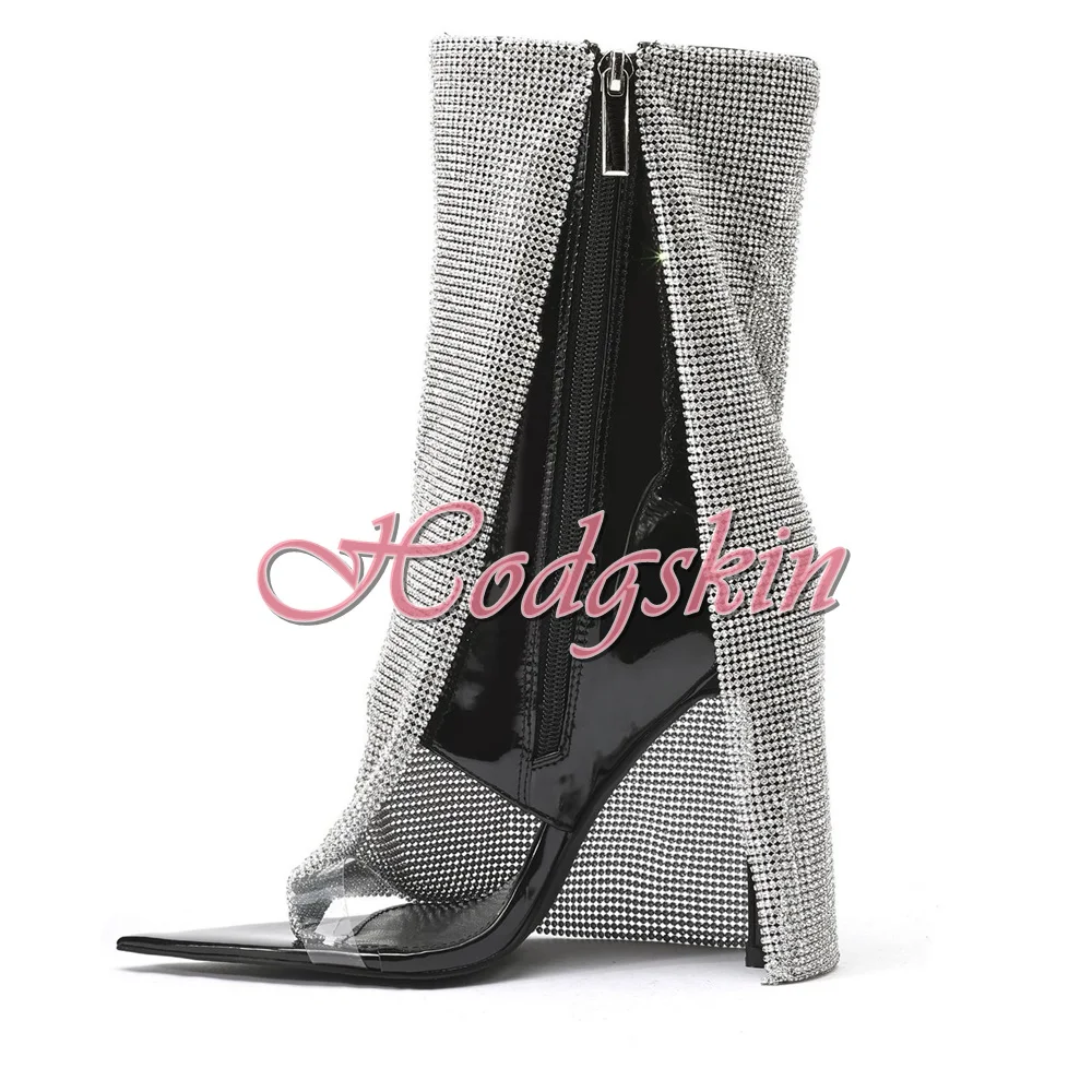 Crystal Mesh Open Toe Sandals Boot Thin High Heels Solid Shiny Leather New Sandals Designer Party Summer Women Shoes Zipper Sexy