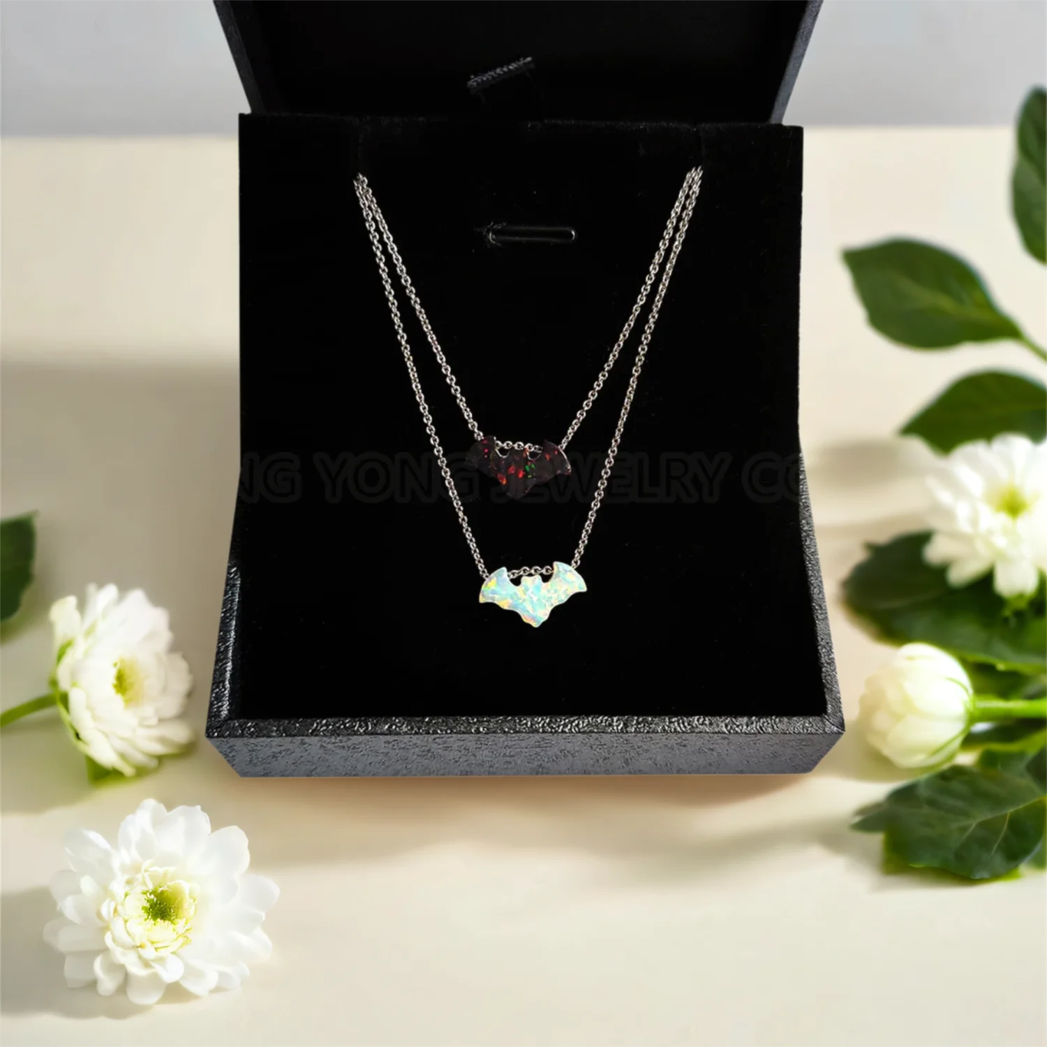 Black Bat Halloween Necklace for Men Women Brass Link Chain Black and White Opal Necklace