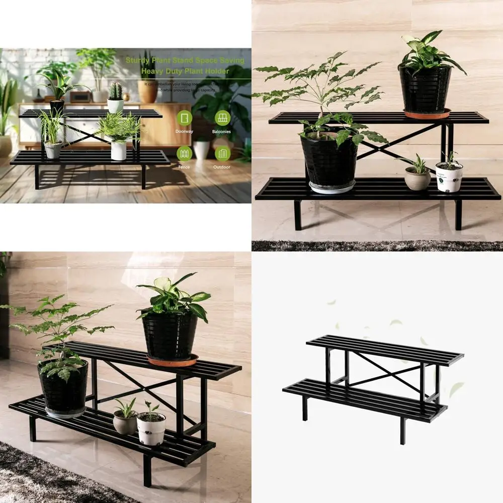 

Heavy-Duty 2-Tier Metal Plant Stand - Indoor/Outdoor, 35.43L x 17.5W x 14H inches, Holds 440 LBS