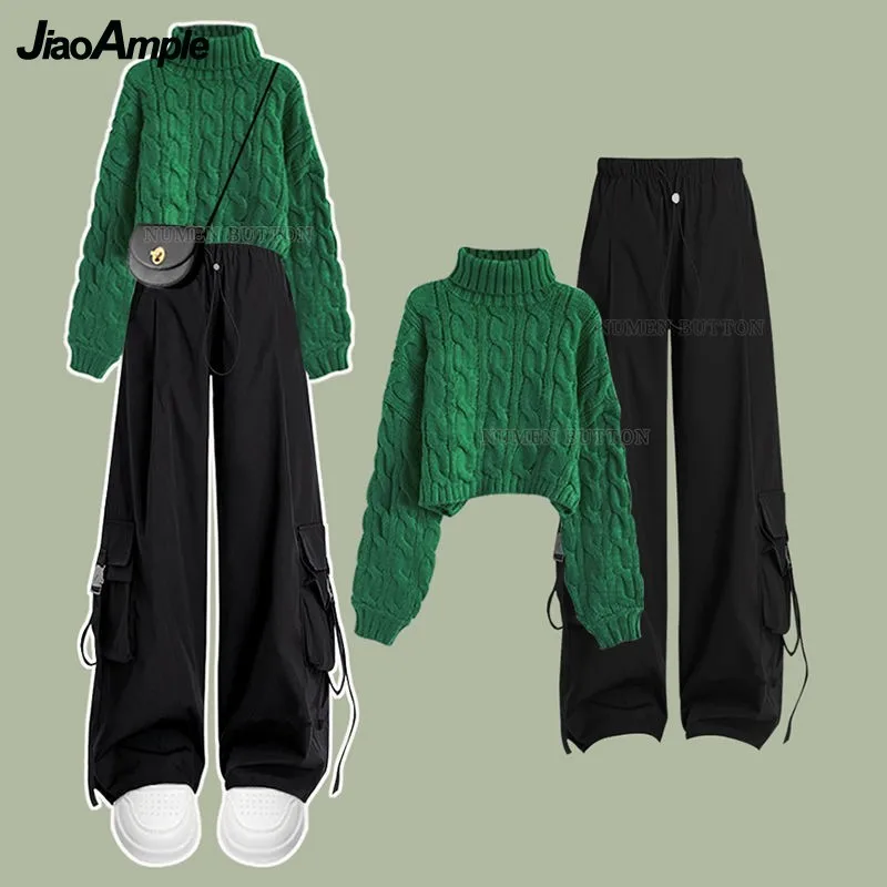 Women Autumn Winter New Half High Neck Knit Sweater+loose Work Pants 2-piece Suit Korean Elegant Pullover Trousers Matching Set