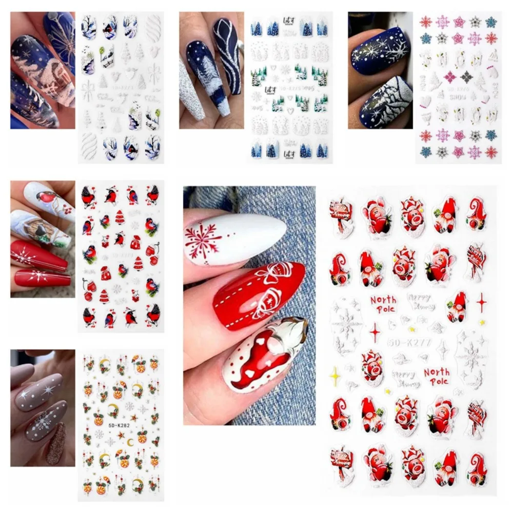 Autocollants de Noël pour ongles, accessoires de manucure, décalcomanies en relief, dessin animé, wapiti, flocon de neige, ornements