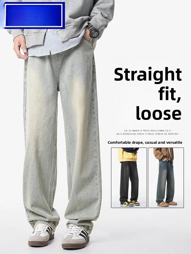 

Wassup Happy Men's Fleece Lined Loose Fit Thick Denim Jeans Retro Style Autumn Winter Casual Wear Straight Leg Trousers