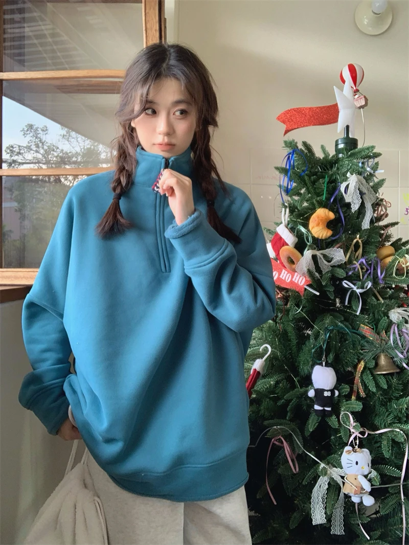 

Women's Fce Lined Hoodie Thiened Casual High Collar Loose Fit Outerwear Vintage Lake Blue Autumn Wear