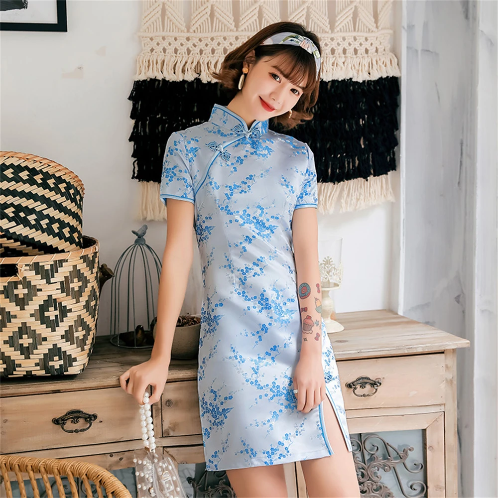 Cheongsam corto con estampado Retro para mujer, vestido de fiesta diaria para banquete, primavera y verano, mejorado