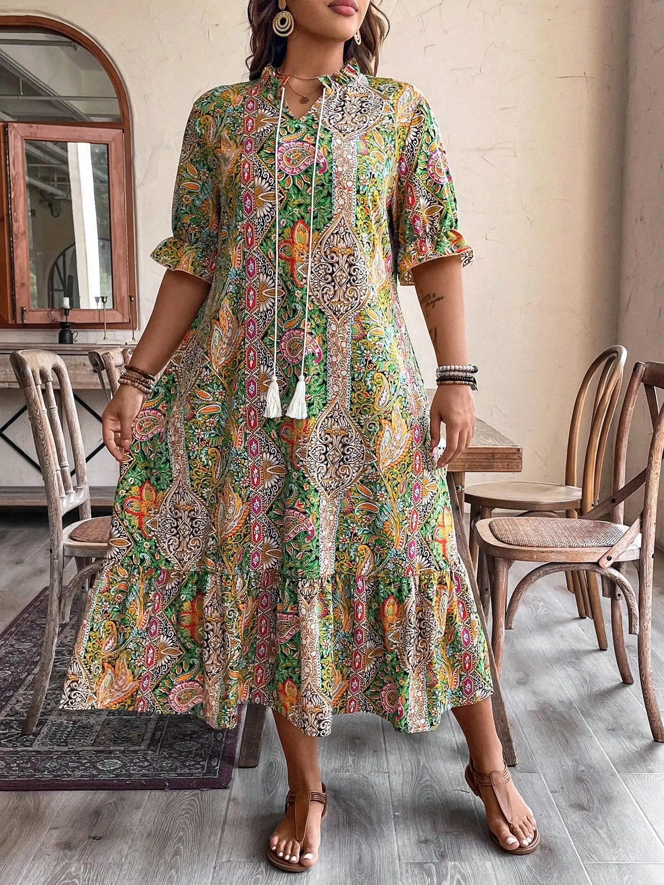 

Boho Paisley Print Mid-Sleeve A-Line Dress For Women Summer Casual