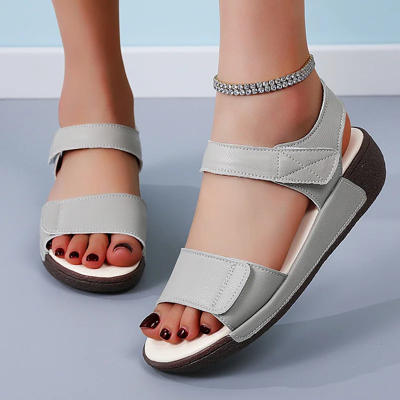 Slope Heel Large Size Sandals Women Summer Soft Sole Comfort Shoes Rome Retro Lightweight Open Toe Solid Color Beach Slippers