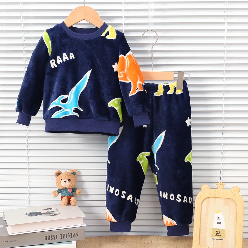 Baby Boys Autumn/Winter Plush Night Fluorescent Home Fur Baby Warm Pajama Set Fashionable and Comfortable Child Accessories