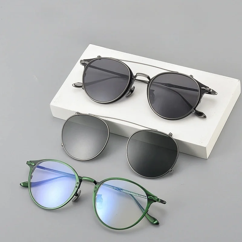 

Belight Optical Clip On Design Titanium Vintage Round Shape Handmade Acetate Retro Eyeglasses Frame Prescription Lens M3112