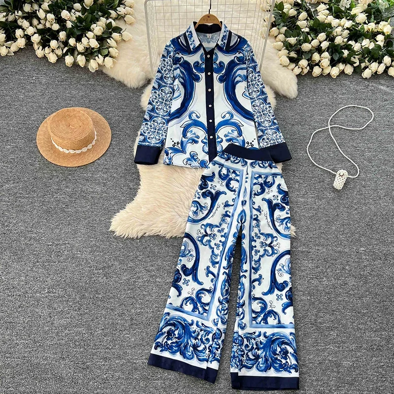 Women Fashion Luxury Print Shirt Top + High Waisted Wide Leg Pants New Spring Autumn Vintage Long Sleeve 2 Piece Sets A236