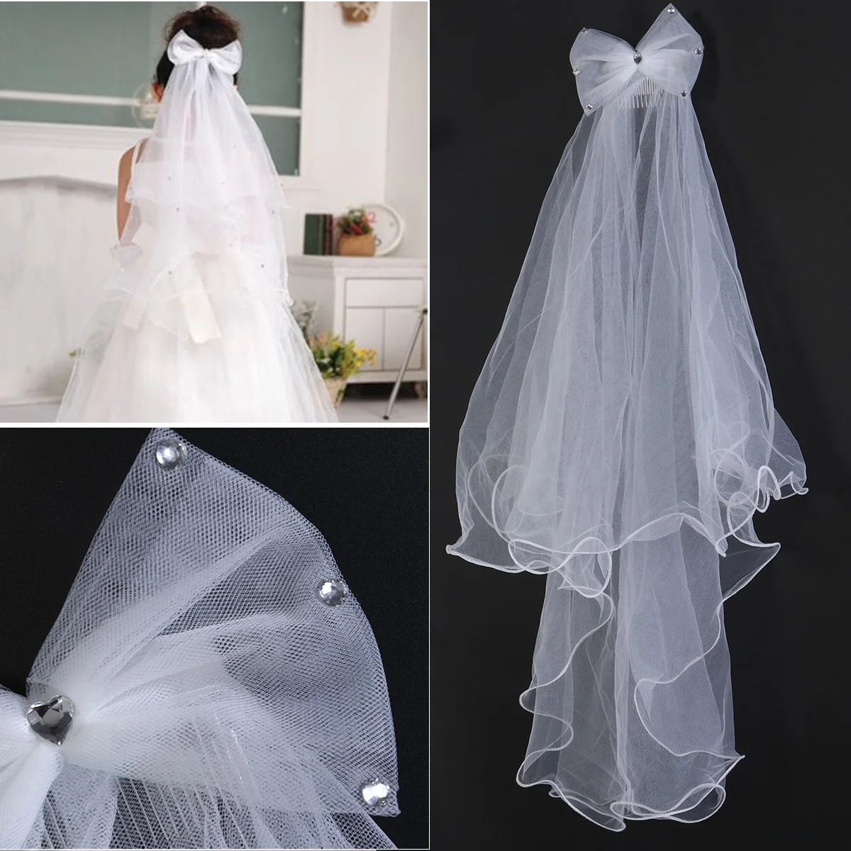 طبقتين الأبيض زهرة فتاة الحجاب الزفاف بالتواصل إكليل الشعر الأزهار عقال الدانتيل الحجاب مهرجان الطرف الديكور #2