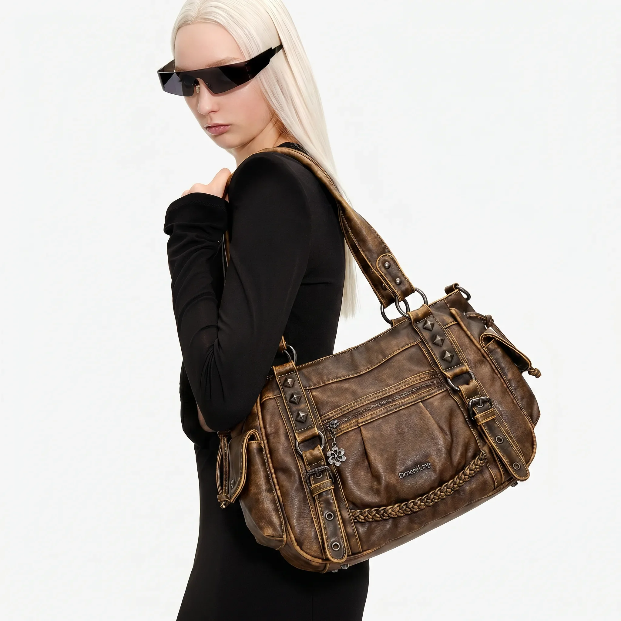 Vintage street girl Y2K motorcycle tote bag with multiple pockets and personalized crossbody shoulder bag