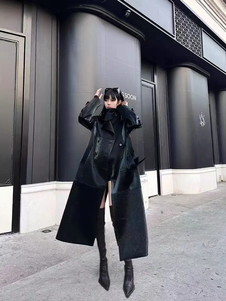 Luxe Hoogwaardige Leren Jas Vrouwen Lange Trenchcoat Double-Breasted Belted Lange Mouwen Revers Ontwerp Bovenkleding Streetwear