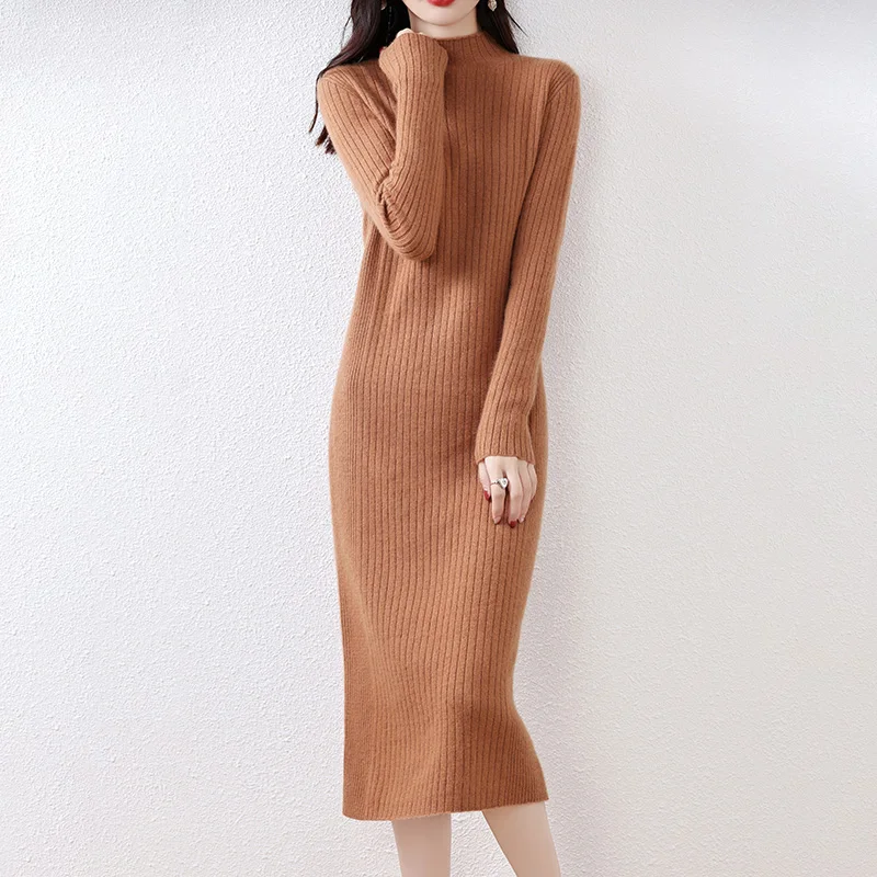 Autumn Winter Cashmere Sweater The Long Dress Women's Semi-High Neck Slim Pure Wool Knitted Sweater Skirt Bottoming Long Skirt