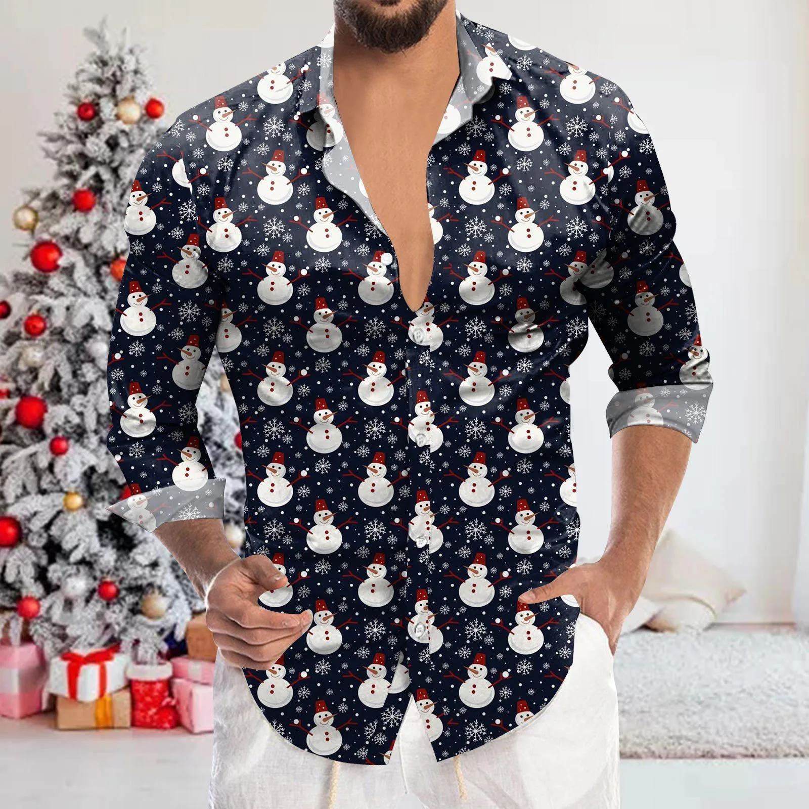 

Novo modelo de impressão 3D padrão de Natal outono inverno colar moda manga longa confortável botão masculino tamanho camisa top