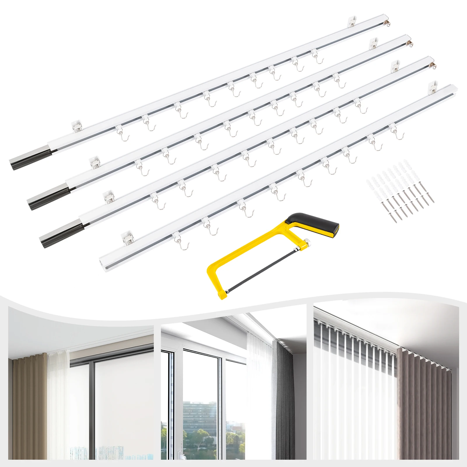 

Curtain Track Kit with Hooks (White, 9-12ft), Ceiling Mount Curtain Track Kit with Hooks, Wide Scalable for Space