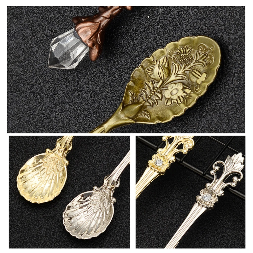 Alloy Retro Leaves Coffee Spoon Crystal Head Pattern Leaf Spoon Nordic Creative Ice Cream Spoon Kitchen Accessories