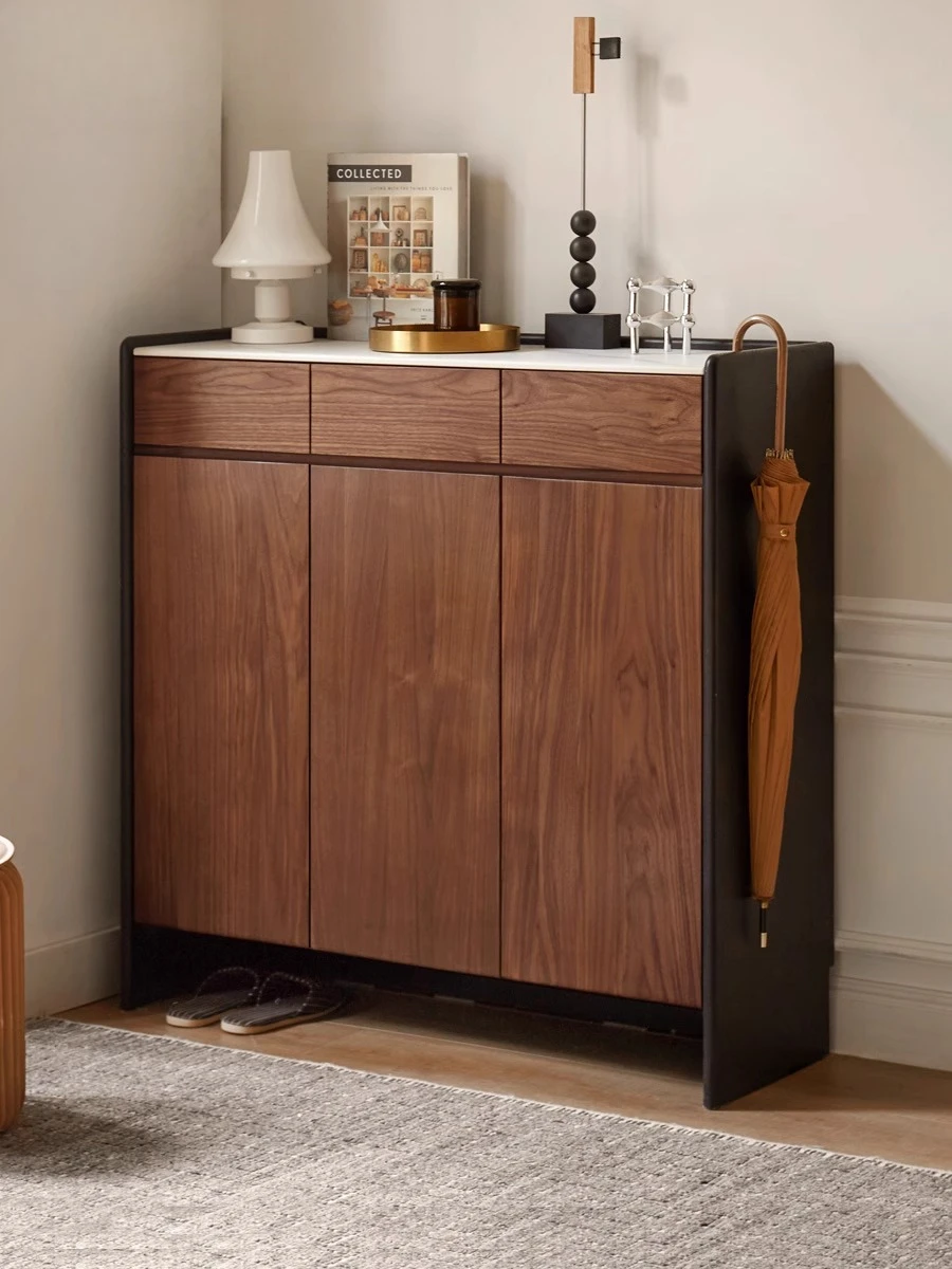 

Genji Wood Language Solid Wood Shoe Cabinet Black Walnut Home Door Entrance Cabinet Simple Slate Storage Shoe Rack Locker