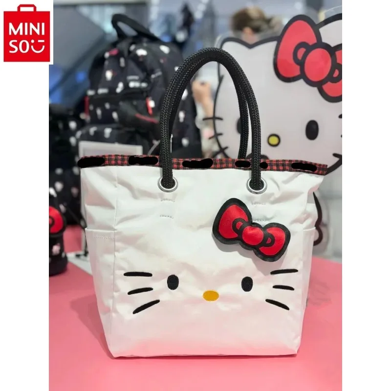 MINISO 2024 Fashion New Embroidered Hello Kitty Cartoon Printed Tote Bag for Women, High Quality Large Capacity Storage Handbag