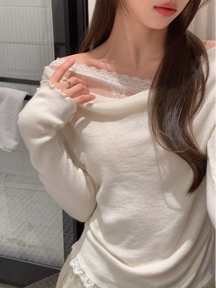 

Мягкая вязаная кружевная блузка на одно плечо с асимметричным вырезом, тонкая, универсальная, нежная, базовая, для женщин, новинка весны