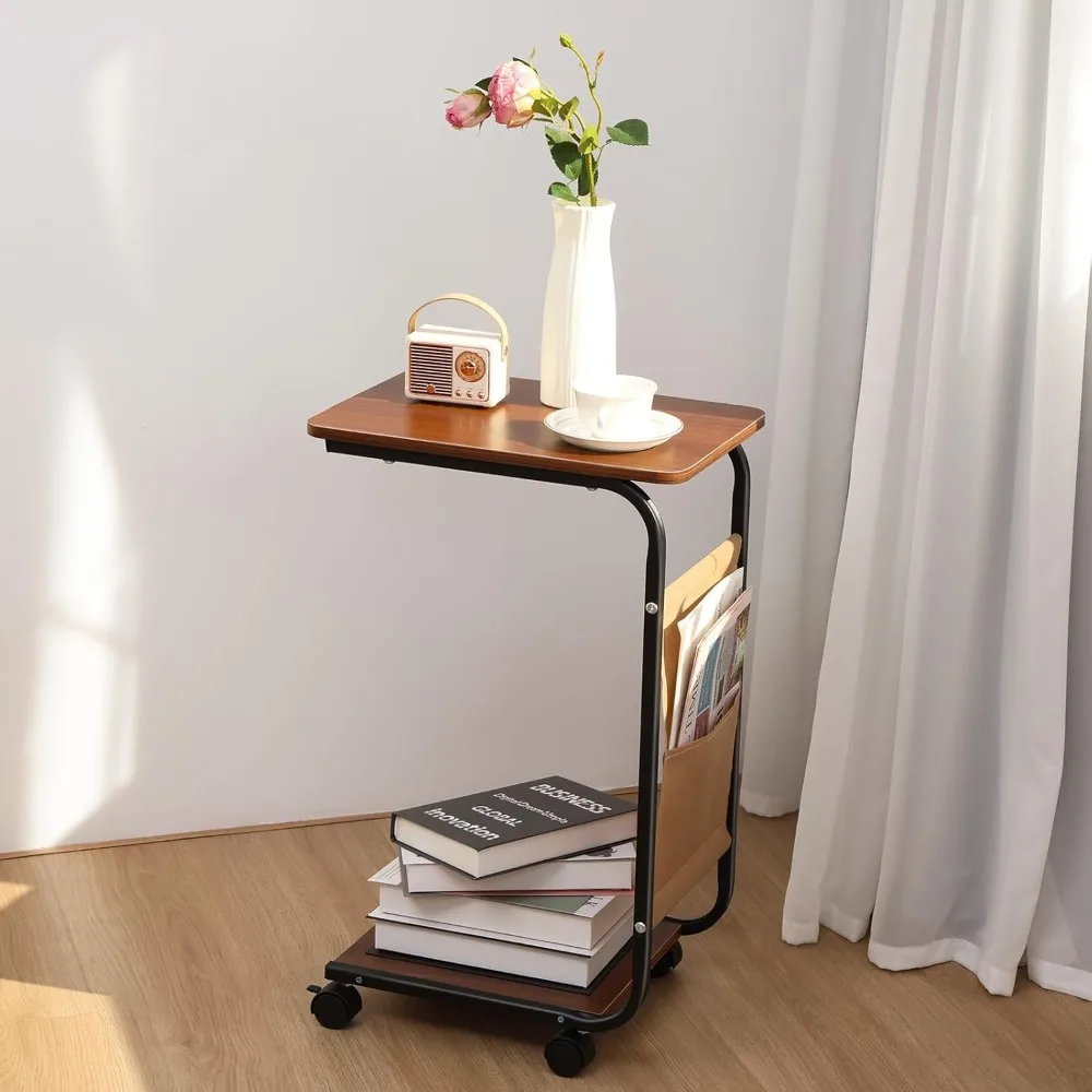 C Shaped End Table, Rolling Side Table W Wheels,C Mobile Tables with 2-Tier Storage Shelves and Storage Bag,Sofa Couch End Table