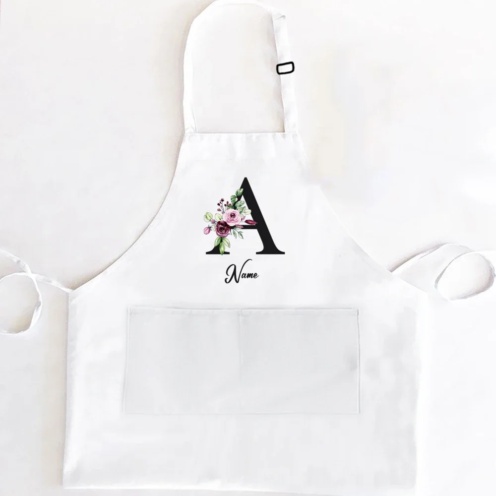 Personalized Kitchen Aprons Floral Initial W/Name Customized Women Cooking Apron W/Pockets Custom Chef White Gifts for Baking