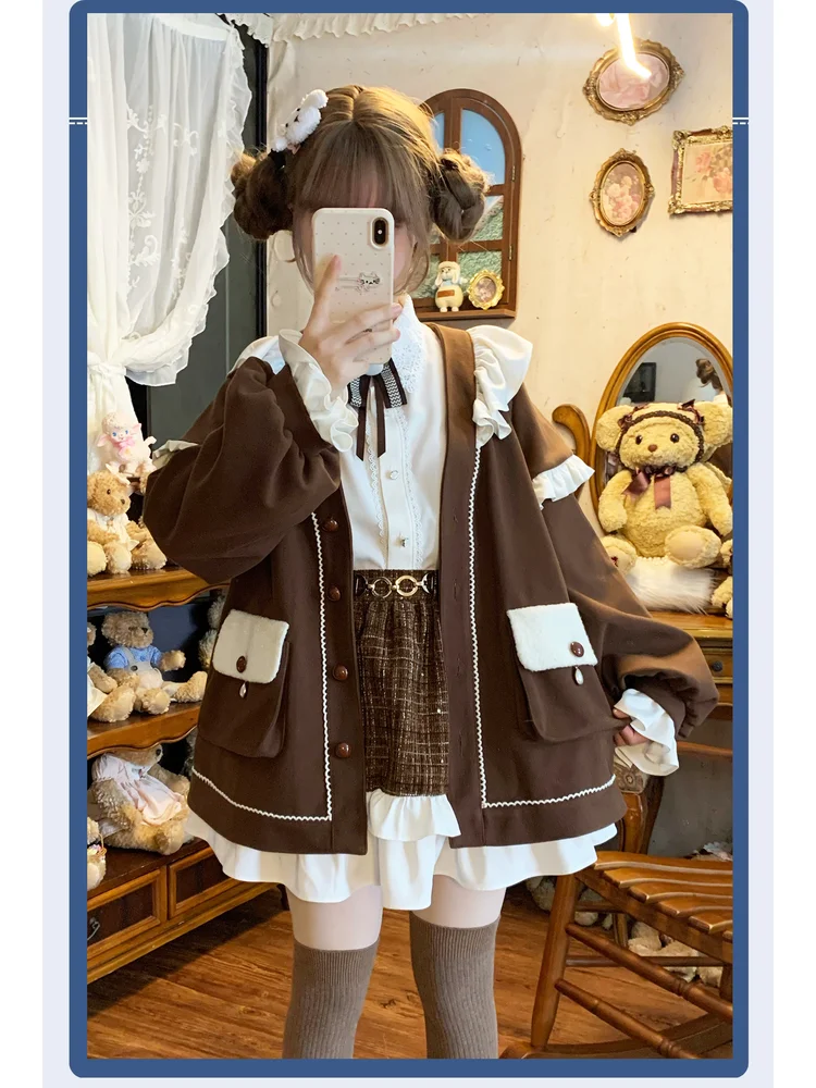 Original Mocha Milk Bubble Lolita Girls' Coat Top Half Skirt Shirt Set Retro Style 2025 New