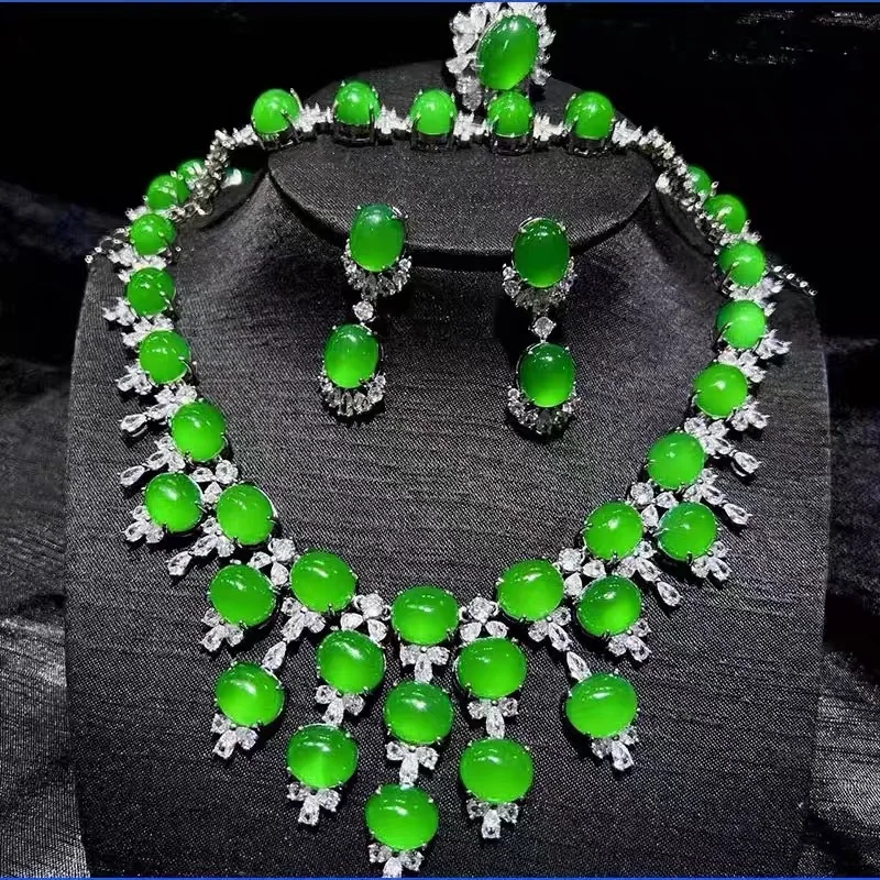 

Ice Green Chalcedony Deluxe Four-piece Set Blue Chalcedony Necklace Ring Stud Earrings Bracelet