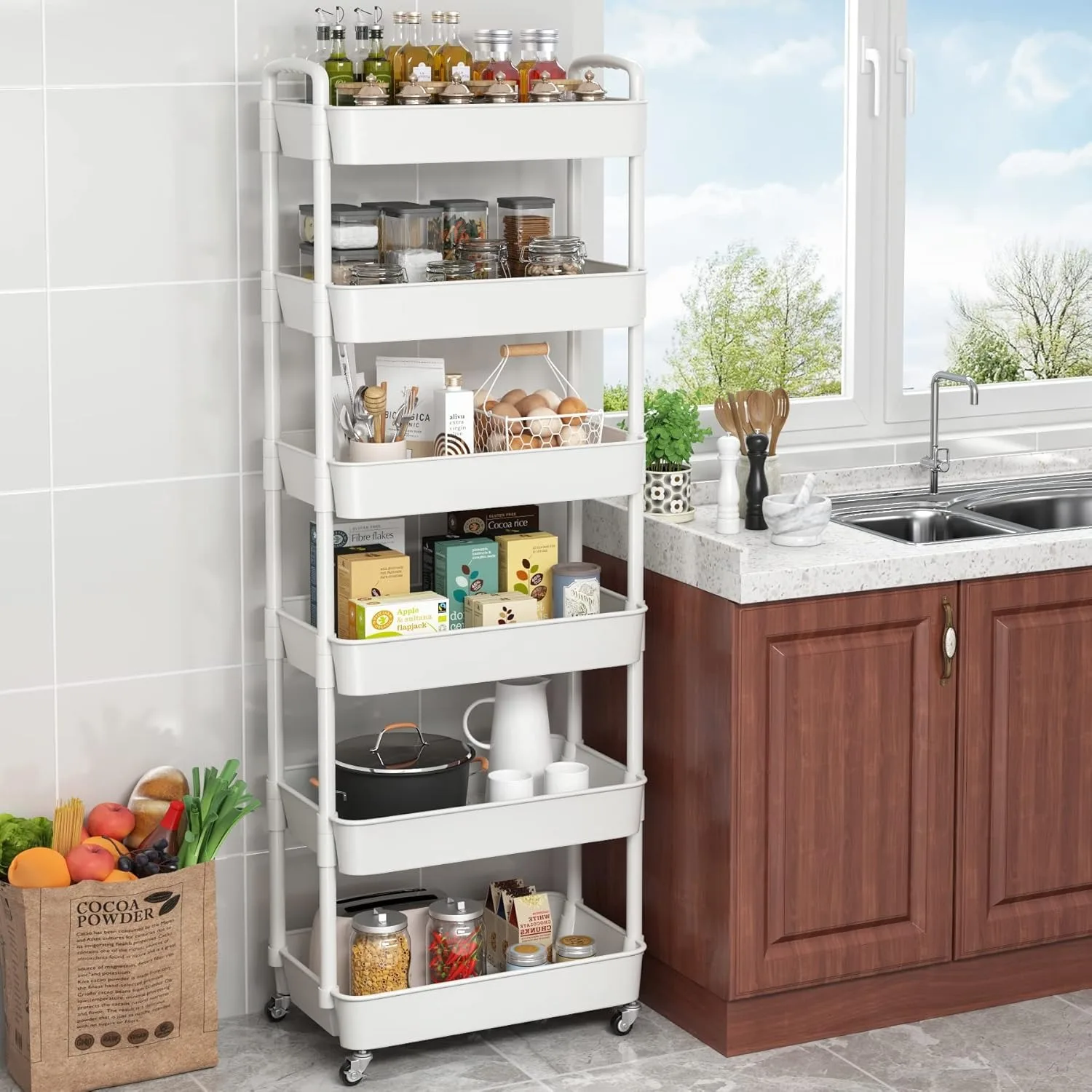 6-Tier Plastic Rolling Utility Cart with Handle, Multi-Functional Storage Trolley for Office, Living Room, Kitchen, White