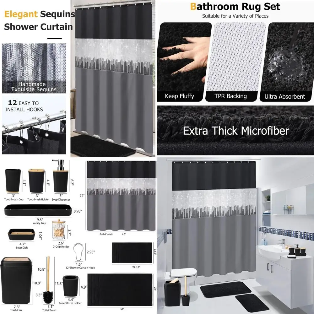 

24-Piece Black Bathroom Set: Shower Curtain, Rugs, Trash Can, and Accessories