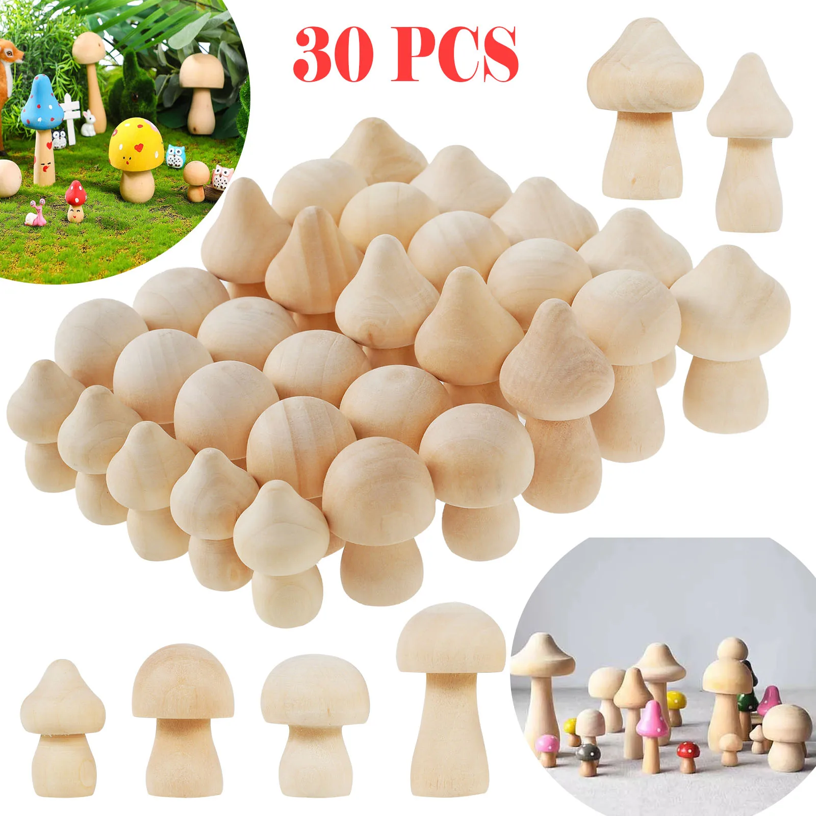 30pcs Unfinished Wooden Mushroom Natural Wooden Peg Doll Set Unpainted Wood Doll Bodies Figures Toys for Kids DIY Painting