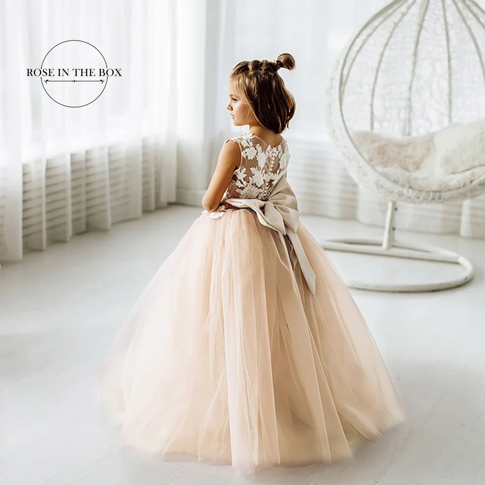 Precioso vestido de baile de encaje Para chico, Vestidos de flores Para niña, pajarita personalizada en la espalda, Vestidos de princesa de tul Para Niñas, vestido de fiesta Para boda