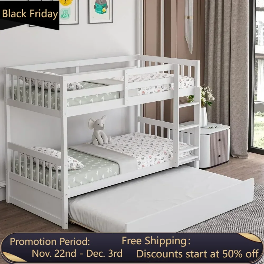 Twin Over Twin Bunk Bed with Trundle, Convertible Platform Bed Frame with Ladder & Solid Wood Frame, No Box Spring Needed, White