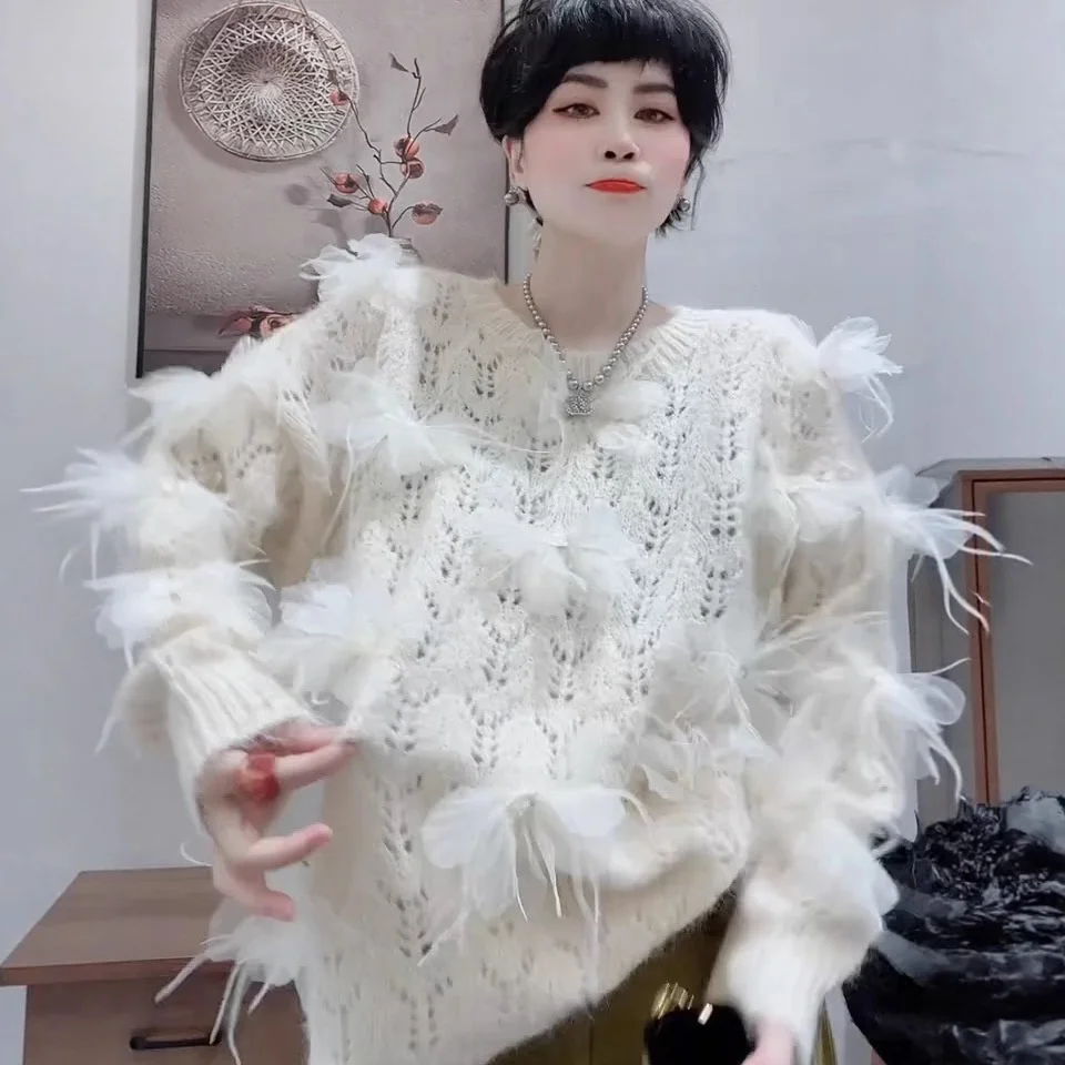 

Women's Loose Lace Trim Fringe Knit Sweater Heavy Embroidery Design 2025 New Sle Casual Lace Knitted Top Chinese Production