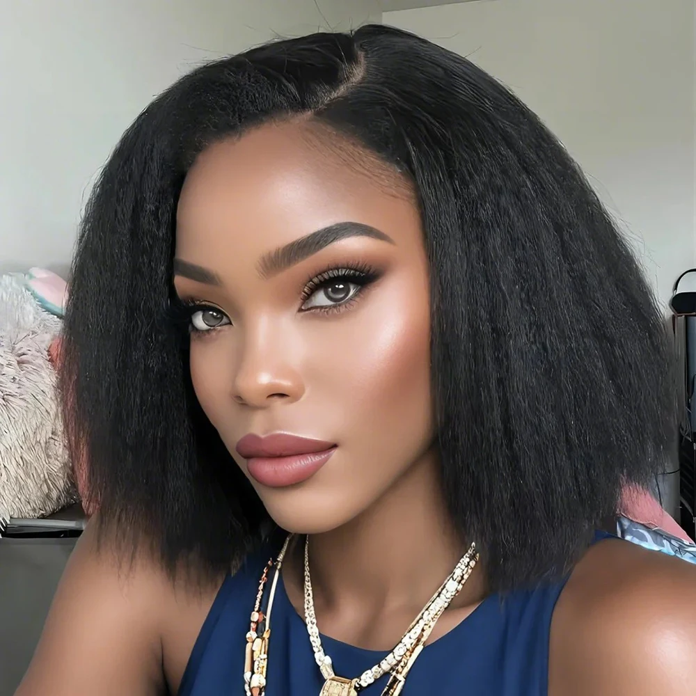 Shinexuan 200 Density Kinky Straight 13x4 Full Lace Frontal Human Hair Wigs Short Bob Wig Preplucked Yaki Straight Wig For Women