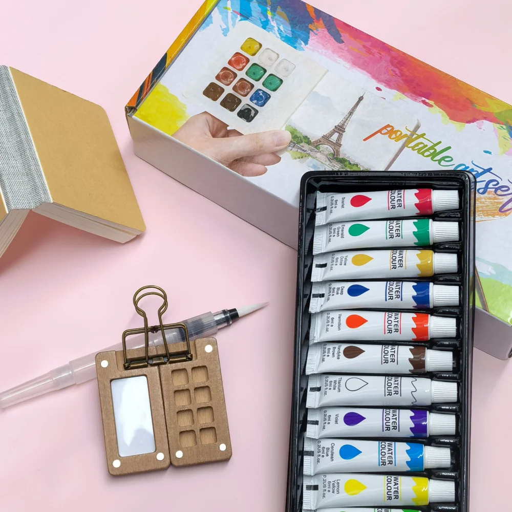 Portable Art Painting Set with 12 Colors Pagiment Paintbruses Palette Painting Book Set for Watercolors Painting Art Supplies