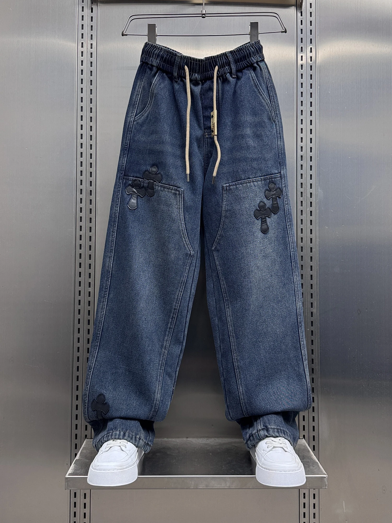 

Trendy American Fce Lined Straight Leg Men's Jeans Casual Faionable Autumn Winter New Sle Comfortable Loose Fit Jeans