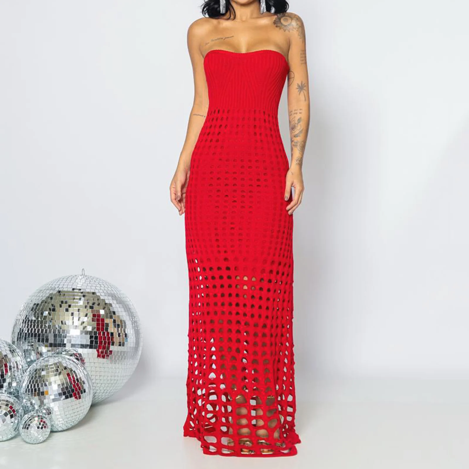 Nueva moda mujer vestido sin tirantes de punto elegante sólido ahuecado sin mangas tubo vestido largo ajustado para el verano S M L