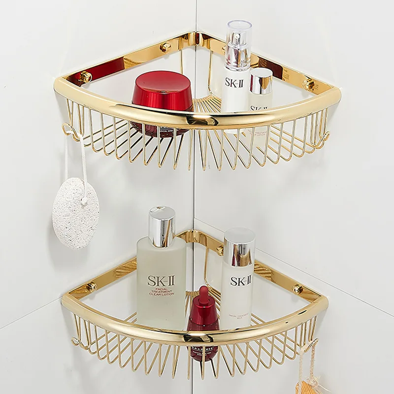 All Copper Material Bathroom Triangle Mesh Basket, No Punching Shower Gel Rack, Corner Rack, Bathroom Corner Storage Rack