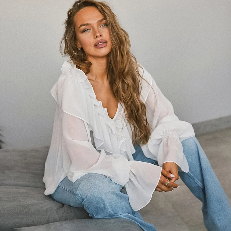 Tornova Ruffled White Chiffon Shirt For Women Loose Casual Solid V Neck Pullover Top 2025 Spring New Female Long Sleeve Shirt