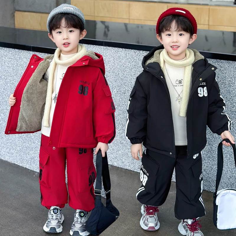 

Thiened Fce Winter Jaet And Pants Set for Boys Warm Youthful Sle Stand Fit Polyester Fiber Fill Zipper Closure Pu...