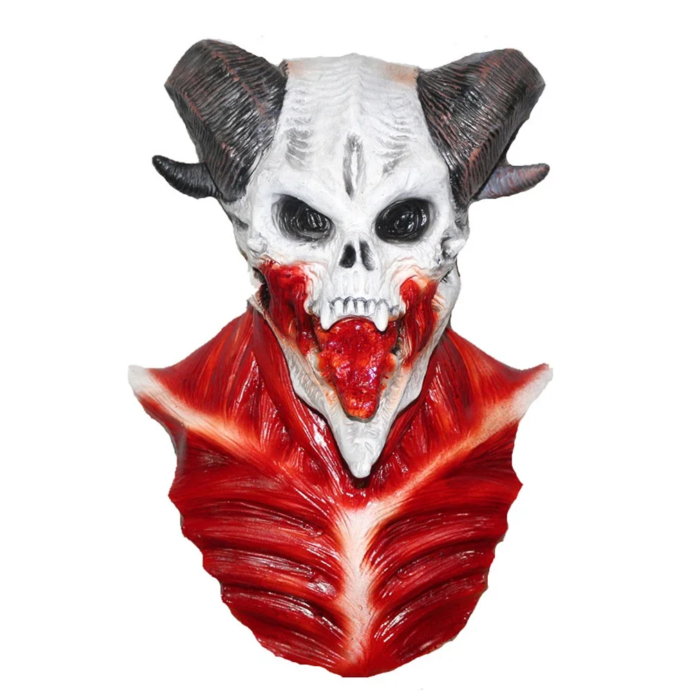 Goat Horned Adults Devil Skull Scary Latex Full Head And Chest Deluxe Horror Halloween Mask