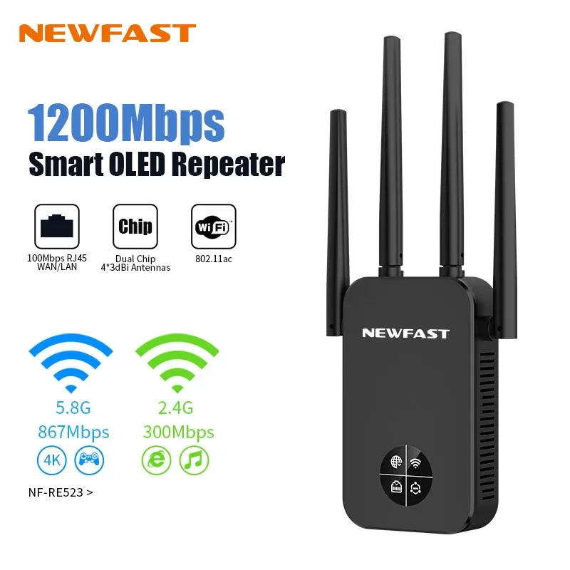 Repetidor De señal Wifi De 1200-2100Mbps, pantalla OLED 5G 802.11AC, extensor De rango Wi fi, amplificador De señal, 4 antenas Puissant