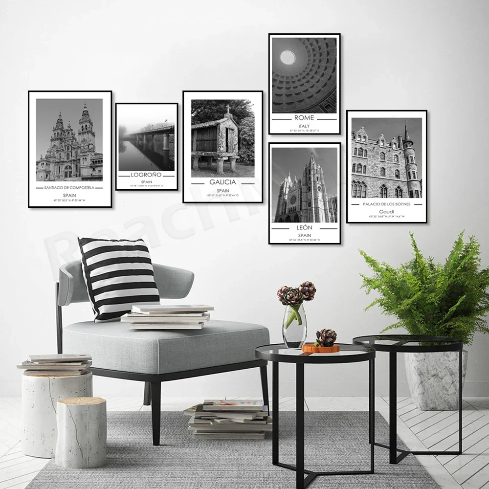 ملصق المدينة السياحية الإسبانية لغاليسيا، أوروبا Logroño، مبنى متحف Guggenheim، أستورياس، كاتدرائية ليون #2