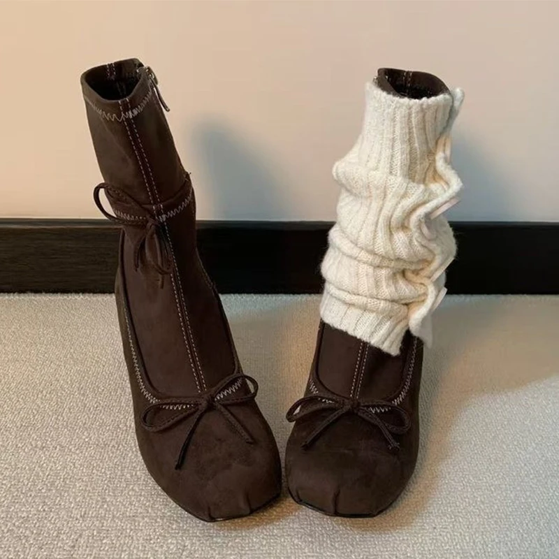 Bow High Heels Women Boots New Mary Jane Shoes 2025 Winter Designer Suede Chelsea Boots Chunky Dress Lolita Shoes Mujer Botas