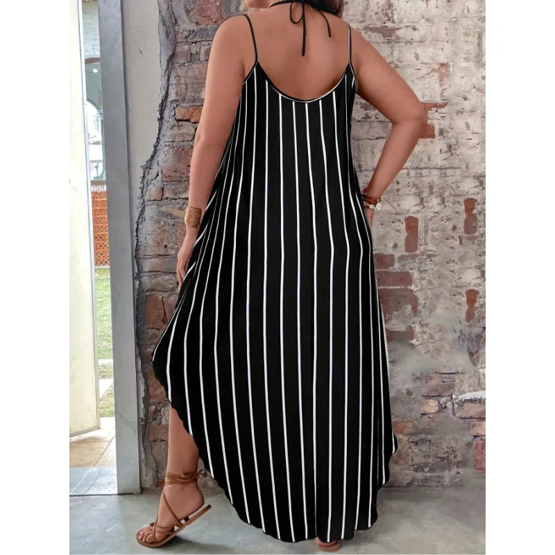 Plus Size 1XL-5XL Women's Fashionable Slim Shoulder Strap Striped Printed Casual Comfortable Suspender Dress